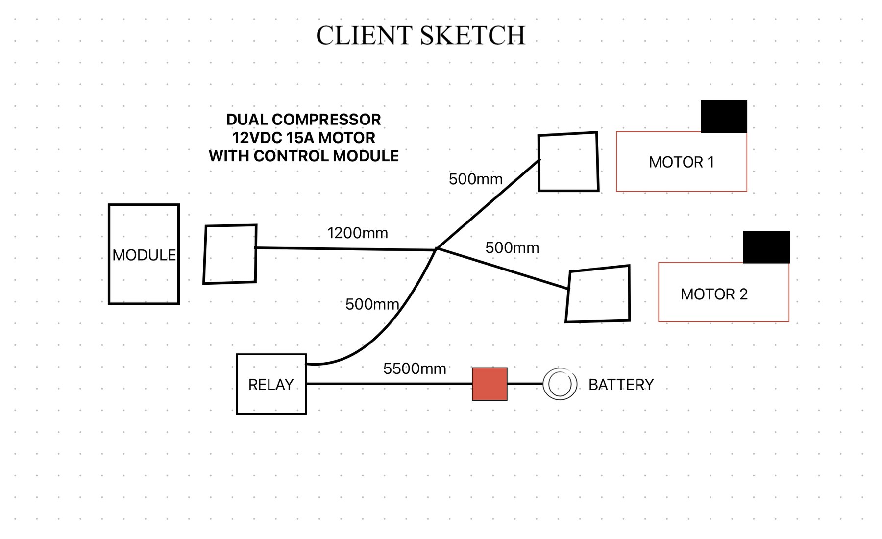 Client sketch of a dual compressor system with lengths in millimetres
