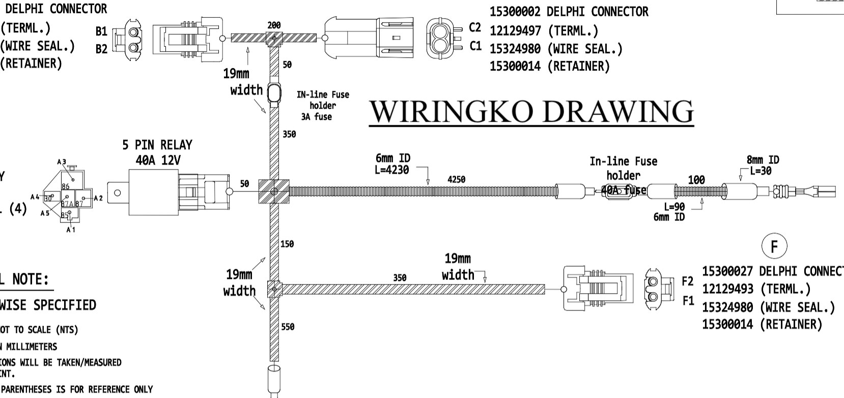WIRINGKO manufacturing drawing with connector part numbers and lengths
