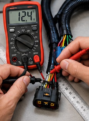Technician testing a wire harness connector with a multimeter