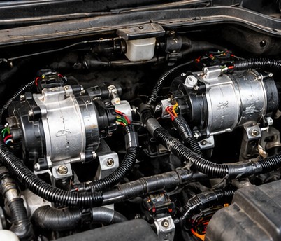 Wire harness fitted to two compressors in an engine bay