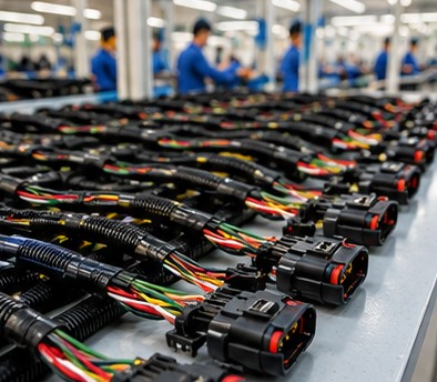Rows of wire harnesses on a production line