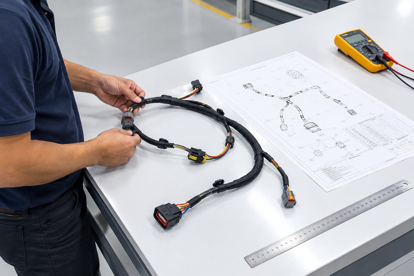 Technician checking a wire harness against its drawing next to a multimeter